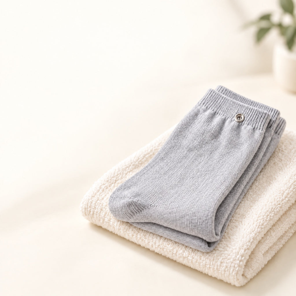Folded TENS therapy socks on an ivory towel — hand wash and air dry