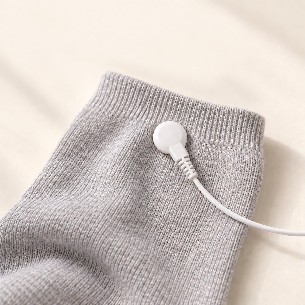 Close-up of conductive silver fibre fabric and white snap connector