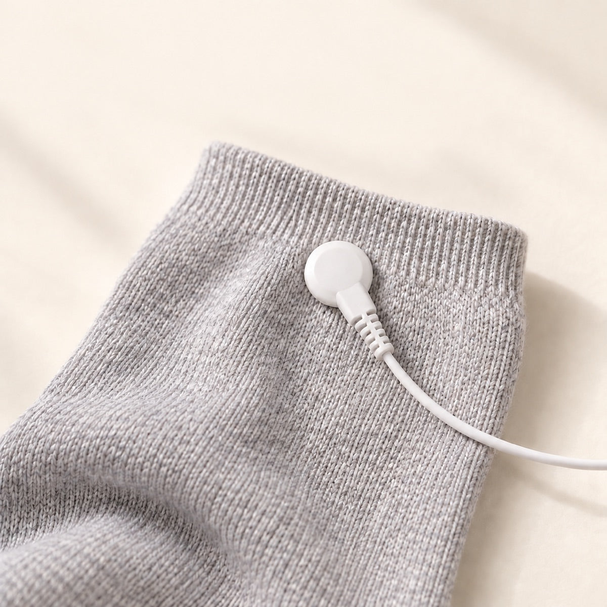 Close-up of conductive silver fibre fabric and white snap connector