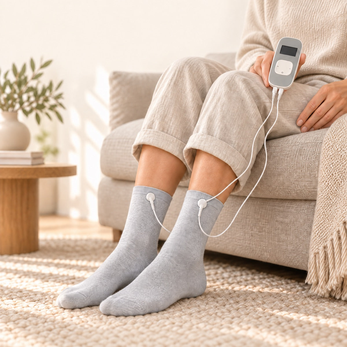 Person wearing TENS therapy socks connected to a handheld TENS device on the sofa