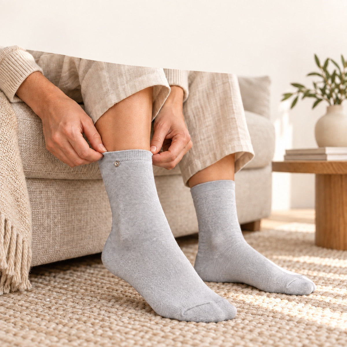 Hands adjusting the cuff of a grey TENS electrode sock — easy to put on